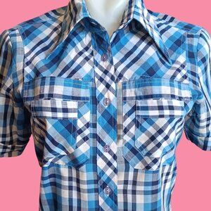 Small Womens Vintage Shirt 70's Blue Plaid Blouse Shirt Boho Hippie Distress